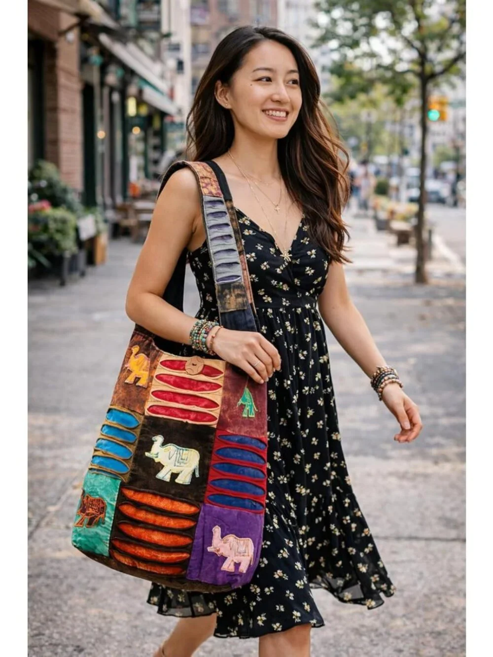 Colorful Boho Shoulder Bag for Women - Sling Slouchy Hippie Style (Elephant
